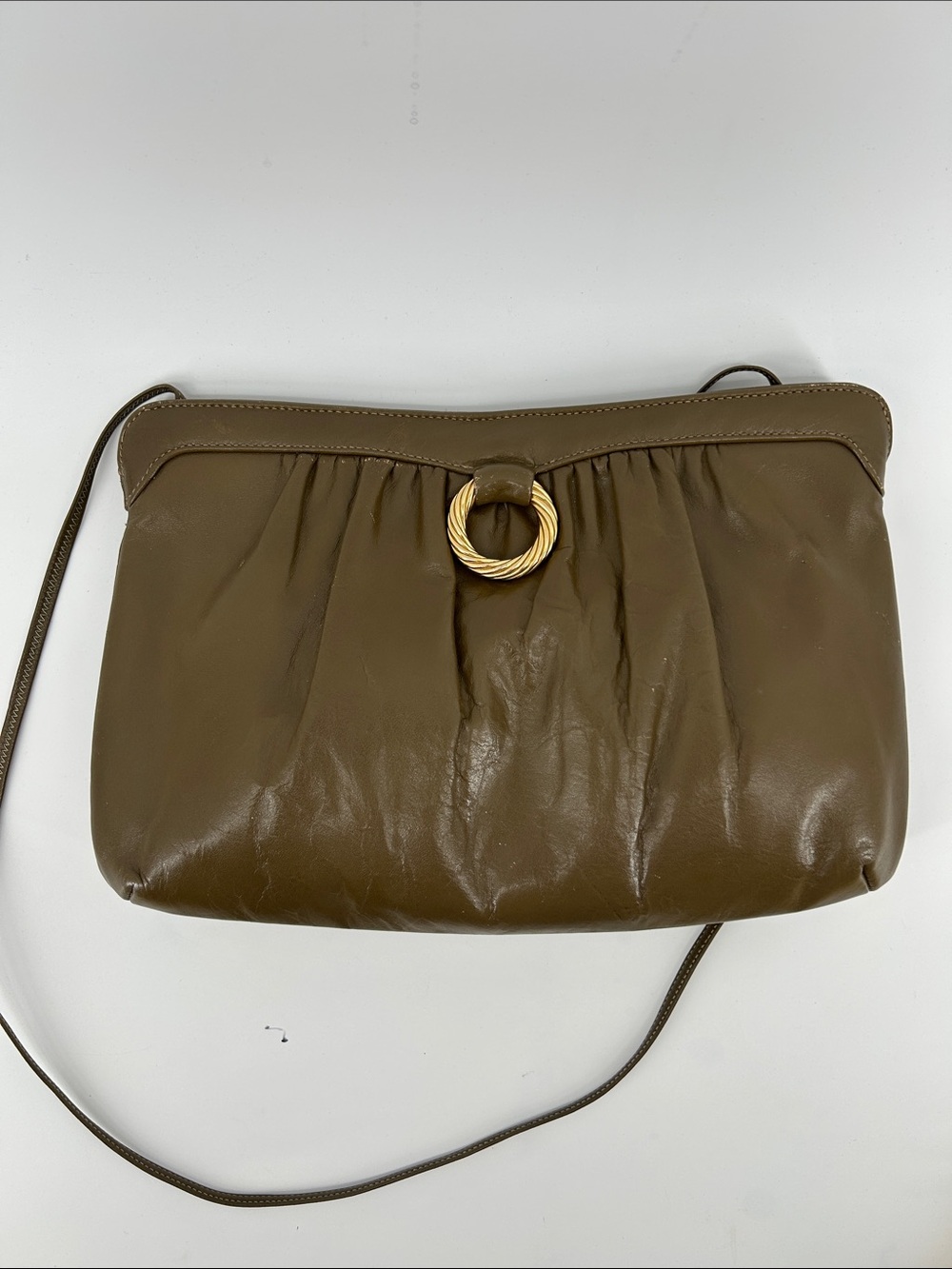 Vintage Morris Moskowitz olive brown leather shoulder bag a gold ring
